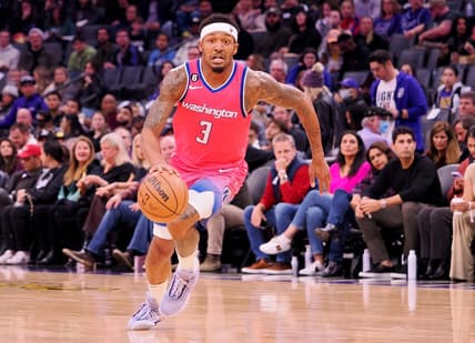 Dec 23, 2022; Sacramento, California, USA; Washington Wizards shooting guard Bradley Beal (3) dribbles against the Sacramento Kings during the third quarter at Golden 1 Center. Mandatory Credit: Kelley L Cox-USA TODAY Sports