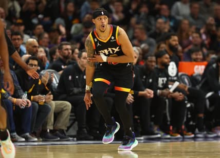 Jan 19, 2023; Phoenix, Arizona, USA; Phoenix Suns guard Damion Lee (10) reacts after a shot against the Brooklyn Nets in the second half at Footprint Center. Mandatory Credit: Mark J. Rebilas-USA TODAY Sports