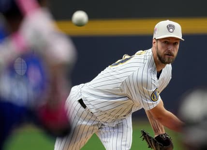 May 14, 2023; Milwaukee, Wisconsin, USA; Milwaukee Brewers starting pitcher Colin Rea (48) throws during the first inning of their game against the Kansas City Royals at American Family Field. Mandatory Credit: Mark Hoffman-USA TODAY Sports