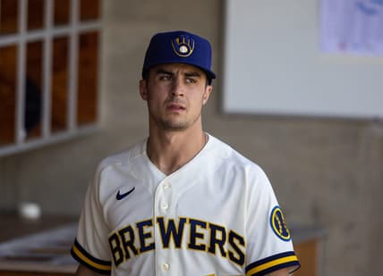 Feb 25, 2023; Phoenix, Arizona, USA; Milwaukee Brewers outfielder Sal Frelick against the Los Angeles Dodgers during a spring training game at American Family Fields of Phoenix. Mandatory Credit: Mark J. Rebilas-USA TODAY Sports