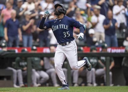 Aug 30, 2023; Seattle, Washington, USA; Seattle Mariners right fielder Teoscar Hernandez (35) rounds the bases after hitting a three-run home run third inning against the Oakland Athletics at T-Mobile Park. Mandatory Credit: Stephen Brashear-USA TODAY Sports