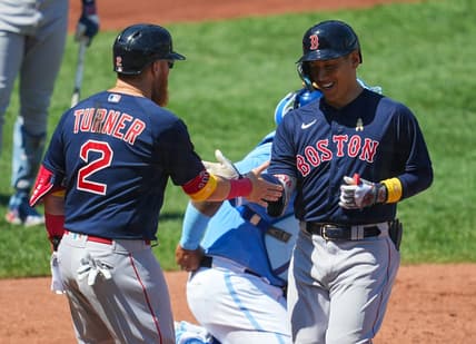 Sep 3, 2023; Kansas City, Missouri, USA; Boston Red Sox left fielder Masataka Yoshida (7) celebrates with designated hitter Justin Turner (2) after hitting a home run against the Kansas City Royals during the fourth inning at Kauffman Stadium. Mandatory Credit: Jay Biggerstaff-USA TODAY Sports