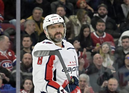 Feb 17, 2024; Montreal, Quebec, CAN; Washington Capitals forward Alex Ovechkin (8) prepares for a face off against the Montreal Canadiens during the third period at the Bell Centre. Mandatory Credit: Eric Bolte-USA TODAY Sports