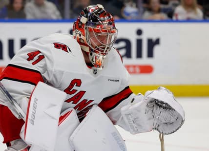 Feb 25, 2024; Buffalo, New York, USA;  Carolina Hurricanes goaltender Spencer Martin (41) looks to make a save during the second period against the Buffalo Sabres at KeyBank Center. Mandatory Credit: Timothy T. Ludwig-USA TODAY Sports