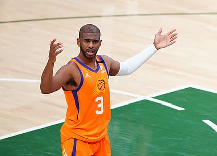 Jul 20, 2021; Milwaukee, Wisconsin, USA; Phoenix Suns guard Chris Paul (3) reacts against the Milwaukee Bucks during game six of the 2021 NBA Finals at Fiserv Forum. Mandatory Credit: Mark J. Rebilas-USA TODAY Sports