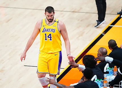 Jun 1, 2021; Phoenix, Arizona, USA; Los Angeles Lakers center Marc Gasol (14) against the Phoenix Suns during game five in the first round of the 2021 NBA Playoffs at Phoenix Suns Arena. Mandatory Credit: Mark J. Rebilas-USA TODAY Sports