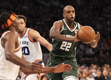 Dec 12, 2021; New York, New York, USA; Milwaukee Bucks small forward Khris Middleton (22) passes the ball during the second half against the New York Knicks at Madison Square Garden. Mandatory Credit: Gregory Fisher-USA TODAY Sports