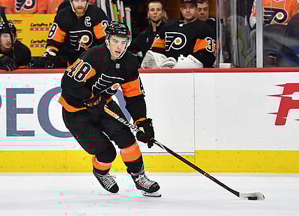 Dec 23, 2019; Philadelphia, Pennsylvania, USA; Philadelphia Flyers center Morgan Frost (48) during the second period against the New York Rangers at Wells Fargo Center. Mandatory Credit: Eric Hartline-USA TODAY Sports