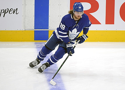 Mar 13, 2021; Toronto, Ontario, CAN;  Toronto Maple Leafs forward William Nylander (88) skates during warm up before playing Winnipeg Jets at Scotiabank Arena. Mandatory Credit: Dan Hamilton-USA TODAY Sports