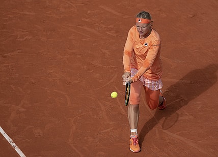 Oct 4, 2020; Paris, France; Kiki Bertens (NED) in action during her match against Martina Trevisan (ITA) on day eight at Stade Roland Garros. Mandatory Credit: Susan Mullane-USA TODAY Sports