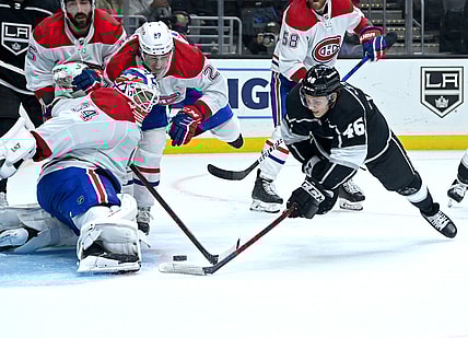 Oct 30, 2021; Los Angeles, California, USA; Montreal Canadiens goaltender Jake Allen (34) blocks a shot by Los Angeles Kings center Blake Lizotte (46) in the second period of the game at Staples Center. Mandatory Credit: Jayne Kamin-Oncea-USA TODAY Sports