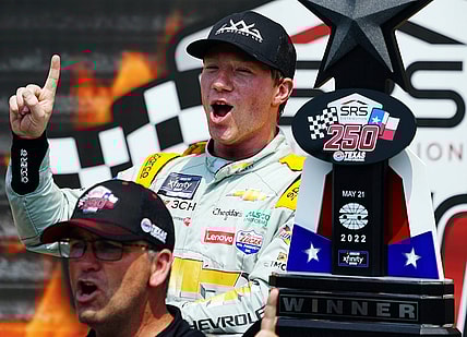 May 21, 2022; Fort Worth, Texas, USA;  Xfinity Series driver Tyler Reddick (48) celebrates in victory lane after winning the Texas 250 at Texas Motor Speedway. Mandatory Credit: John David Mercer-USA TODAY Sports