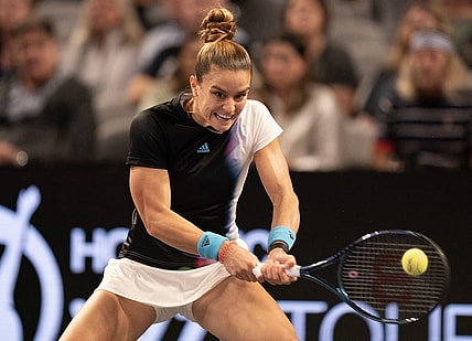 Nov 2, 2022; Forth Worth, TX, USA; Maria Sakkari (GRE) returns a shot during her match against Aryna Sabalenka (BLR) on day three of the WTA Finals at Dickies Arena. Mandatory Credit: Susan Mullane-USA TODAY Sports