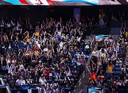 Nov 5, 2022; San Francisco, California, USA; Fans do the wave between games of the League of Legends World Championships between T1 and DRX at Chase Center. Mandatory Credit: Kelley L Cox-USA TODAY Sports