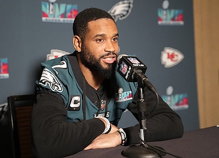 Feb 9, 2023; Phoenix, Ariz., U.S.; Philadelphia Eagles cornerback Darius Slay answers a question during media availability at Sheraton Grand at Wild Horse Pass. Mandatory Credit: Michael Chow-Arizona Republic