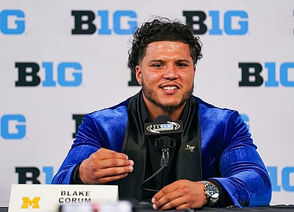 Jul 27, 2023; Indianapolis, IN, USA;  Michigan Wolverines running back Blake Corum speaks to the media during the Big 10 football media day at Lucas Oil Stadium. Mandatory Credit: Robert Goddin-USA TODAY Sports