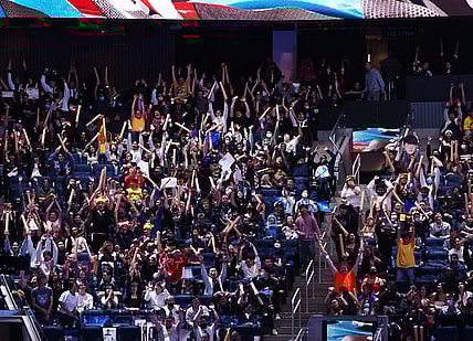 Nov 5, 2022; San Francisco, California, USA; Fans do the wave between games of the League of Legends World Championships between T1 and DRX at Chase Center. Mandatory Credit: Kelley L Cox-USA TODAY Sports