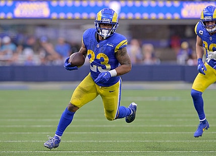Oct 15, 2023; Inglewood, California, USA; Los Angeles Rams running back Kyren Williams (23) runs against the Arizona Cardinals during the second half at SoFi Stadium. Mandatory Credit: Alex Gallardo-USA TODAY Sports