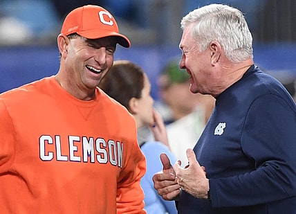 Clemson head coach Dabo Swinney and North Carolina Coach Mack Brown talk before the ACC Championship football game with North Carolina at Bank of America Stadium in Charlotte, North Carolina Saturday, Dec 3, 2022.

Clemson Tigers Football Vs North Carolina Tar Heels Acc Championship Charlotte Nc