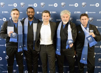 Jan 10, 2018; Montreal, Quebec, Canada; From left to right Maxence Flachez and Wilfried Nancy and head coach Remi Garde and Joel Bats and Robert Duverne. The Montreal Impact introduces the coaching staff at Centre Nutrilait. Mandatory Credit: Eric Bolte-USA TODAY Sports