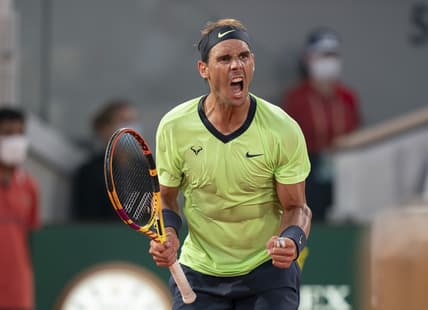Jun 11, 2021; Paris, France; Rafael Nadal (ESP) reacts during his semifinal match against Novak Djokovic (SRB) on day 13 of the French Open at Stade Roland Garros. Mandatory Credit: Susan Mullane-USA TODAY Sports