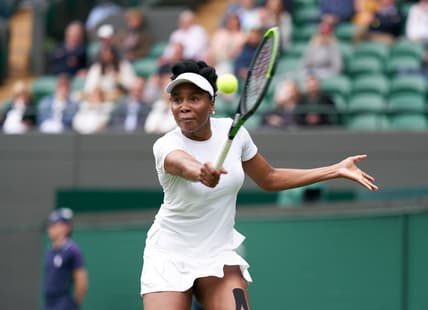 Jun 30, 2021; London, United Kingdom; Venus Williams (USA) seen playing Ons Jabeur (TUN) in second round  singles on No. 1 court at All England Lawn Tennis and Croquet Club. Mandatory Credit: Peter van den Berg-USA TODAY Sports