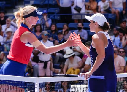 Sep 2, 2021; Flushing, NY, USA; Ashleigh Barty of Australia (right) after beating Clara Tauson of Denmark on day four of the 2021 U.S. Open tennis tournament at USTA Billie King National Tennis Center. Mandatory Credit: Robert Deutsch-USA TODAY Sports