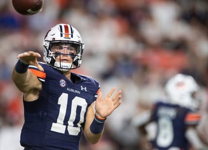 Auburn Tigers quarterback Bo Nix (10) throws the ball at Jordan-Hare Stadium in Auburn, Ala., on Saturday, Sept. 4, 2021. Auburn Tigers leads Akron Zips 37-0.