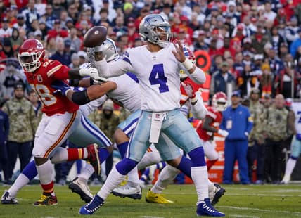 Nov 21, 2021; Kansas City, Missouri, USA; Dallas Cowboys quarterback Dak Prescott (4) throws a pass against the Kansas City Chiefs during the first half at GEHA Field at Arrowhead Stadium. Mandatory Credit: Denny Medley-USA TODAY Sports