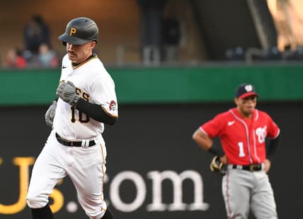 Apr 14, 2022; Pittsburgh, Pennsylvania, USA; Pittsburgh Pirates Bryan Reynolds (10) passes Washington Nationals second baseman Cesar Hernandez (1) after hitting a two-run hiomerun in the third inning against the Washington Nationals at PNC Park. Mandatory Credit: Philip G. Pavely-USA TODAY Sports