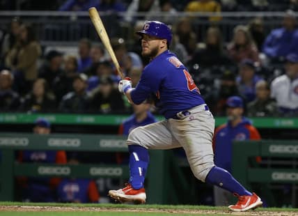 Sep 23, 2022; Pittsburgh, Pennsylvania, USA; Chicago Cubs second baseman Esteban Quiroz (43) hits an RBI single against the Pittsburgh Pirates during the eighth inning at PNC Park. Mandatory Credit: Charles LeClaire-USA TODAY Sports