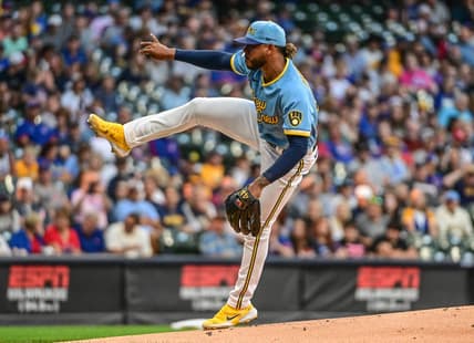 Aug 26, 2022; Milwaukee, Wisconsin, USA;  Milwaukee Brewers pitcher Freddy Peralta (51) throws a pitch in the first inning against the Chicago Cubs at American Family Field. Mandatory Credit: Benny Sieu-USA TODAY Sports