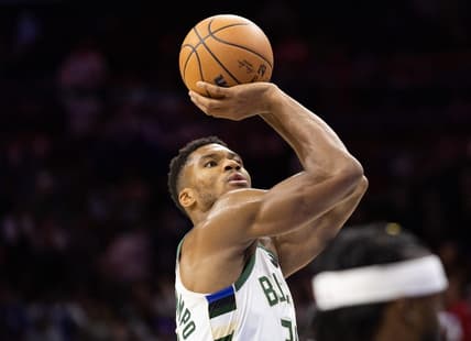 Oct 20, 2022; Philadelphia, Pennsylvania, USA; Milwaukee Bucks forward Giannis Antetokounmpo (34) attempts a foul shot against the Philadelphia 76ers during the fourth quarter at Wells Fargo Center. Mandatory Credit: Bill Streicher-USA TODAY Sports