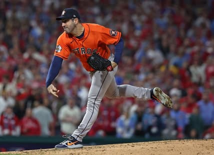 Nov 3, 2022; Philadelphia, Pennsylvania, USA; Houston Astros starting pitcher Justin Verlander (35) throws a pitch against the Philadelphia Phillies during the fourth inning in game five of the 2022 World Series at Citizens Bank Park. Mandatory Credit: Bill Streicher-USA TODAY Sports