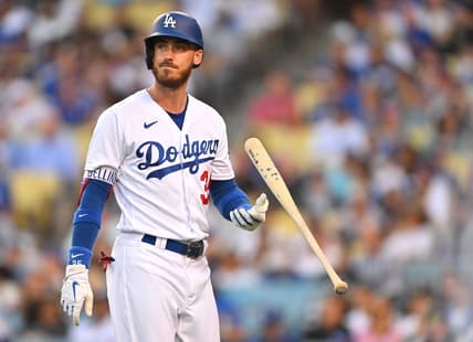 Jul 8, 2022; Los Angeles, California, USA;  Los Angeles Dodgers center fielder Cody Bellinger (35) reacts as he walks back to the dugout after striking out with bases loaded in the second inning against the Chicago Cubs at Dodger Stadium. Mandatory Credit: Jayne Kamin-Oncea-USA TODAY Sports