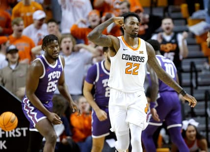 Oklahoma State's Kalib Boone (22) celebrates after a basket in the first half during the men's college basketball game between the Oklahoma State Cowboys and TCU Horned Frogs at Gallagher-IBA Arena in Stillwater, Okla., Saturday, Feb.4, 2023.

osuhoops -- print1