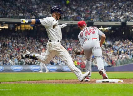 St. Louis Cardinals first baseman Paul Goldschmidt (46) beats a Milwaukee Brewers player to the base during the fifth inning of the game at American Family Field on Saturday April 8, 2023 in Milwaukee, Wis.