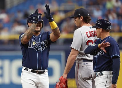 Apr 12, 2023; St. Petersburg, Florida, USA;  Tampa Bay Rays left fielder Harold Ramirez (43) celebrates after hitting a single against the Boston Red Sox during the first inning at Tropicana Field. Mandatory Credit: Kim Klement-USA TODAY Sports