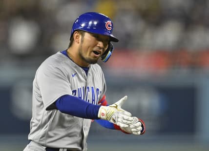 Apr 14, 2023; Los Angeles, California, USA;  Chicago Cubs right fielder Seiya Suzuki (27) rounds the bases after hitting a solo home run in the ninth inning against the Los Angeles Dodgers at Dodger Stadium. Mandatory Credit: Jayne Kamin-Oncea-USA TODAY Sports