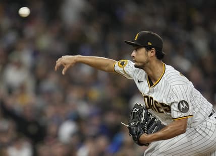 Jun 3, 2023; San Diego, California, USA;  San Diego Padres starting pitcher Yu Darvish (11) throws a pitch against the Chicago Cubs during the sixth inning at Petco Park. Mandatory Credit: Ray Acevedo-USA TODAY Sports
