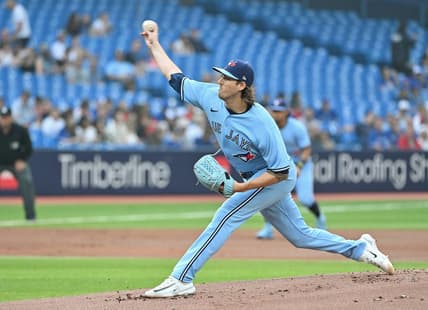 Jun 6, 2023; Toronto, Ontario, CAN; Toronto Blue Jays starting pitcher Kevin Gausman (34) pitches against the Houston Astros in the first inning at Rogers Centre. Mandatory Credit: Dan Hamilton-USA TODAY Sports