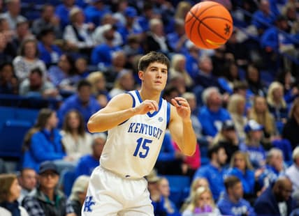 Nov 17, 2023; Lexington, Kentucky, USA; Kentucky Wildcats guard Reed Sheppard (15) catches an inbounds pass during the first half against the Stonehill Skyhawks at Rupp Arena at Central Bank Center. Mandatory Credit: Jordan Prather-USA TODAY Sports