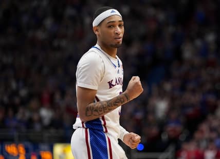 Jan 6, 2024; Lawrence, Kansas, USA; Kansas Jayhawks guard Dajuan Harris Jr. (3) celebrates after scoring late in the second half against the TCU Horned Frogs at Allen Fieldhouse. Mandatory Credit: Jay Biggerstaff-USA TODAY Sports