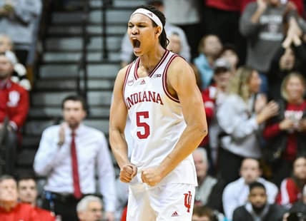 Jan 6, 2024; Bloomington, Indiana, USA; Indiana Hoosiers forward Malik Reneau (5) celebrates against the Ohio State Buckeyes during the second half at Simon Skjodt Assembly Hall. Mandatory Credit: Robert Goddin-USA TODAY Sports