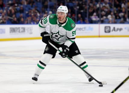 Feb 6, 2024; Buffalo, New York, USA;  Dallas Stars center Matt Duchene (95) looks to make a pass during the third period against the Buffalo Sabres at KeyBank Center. Mandatory Credit: Timothy T. Ludwig-USA TODAY Sports