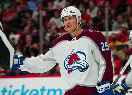 Feb 8, 2024; Raleigh, North Carolina, USA; Colorado Avalanche right wing Logan O'Connor (25) reacts against the Carolina Hurricanes during the third period at PNC Arena. Mandatory Credit: James Guillory-USA TODAY Sports