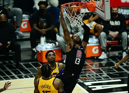 Jun 14, 2021; Los Angeles, California, USA; Los Angeles Clippers guard Paul George (13) scores a basket against the Utah Jazz during the first half in game four in the second round of the 2021 NBA Playoffs. at Staples Center. Mandatory Credit: Gary A. Vasquez-USA TODAY Sports
