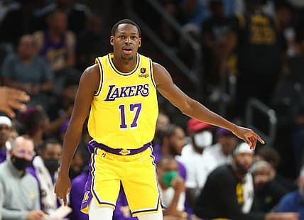 Oct 6, 2021; Phoenix, Arizona, USA; Los Angeles Lakers guard Joel Ayayi (17) against the Phoenix Suns during a preseason game at Footprint Center. Mandatory Credit: Mark J. Rebilas-USA TODAY Sports