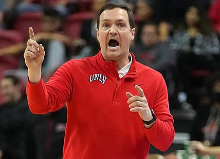 Feb 19, 2022; Las Vegas, Nevada, USA; UNLV Runnin' Rebels head coach Kevin Kruger during the second half against the Colorado State Rams at Thomas & Mack Center. Mandatory Credit: Stephen R. Sylvanie-USA TODAY Sports