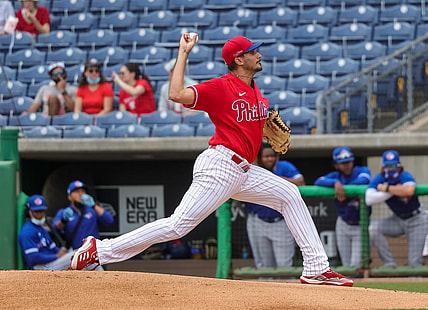 Mar 29, 2021; Clearwater, Florida, USA; Philadelphia Phillies starting pitcher Zach Eflin (56) pitches the ball against the Toronto Blue Jays during the first inning at BayCare Ballpark. Mandatory Credit: Mike Watters-USA TODAY Sports